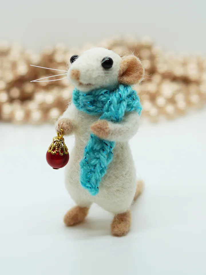 William the mouse, miniature needle felted mouse in a blue scarf, Christmas gift, made to order