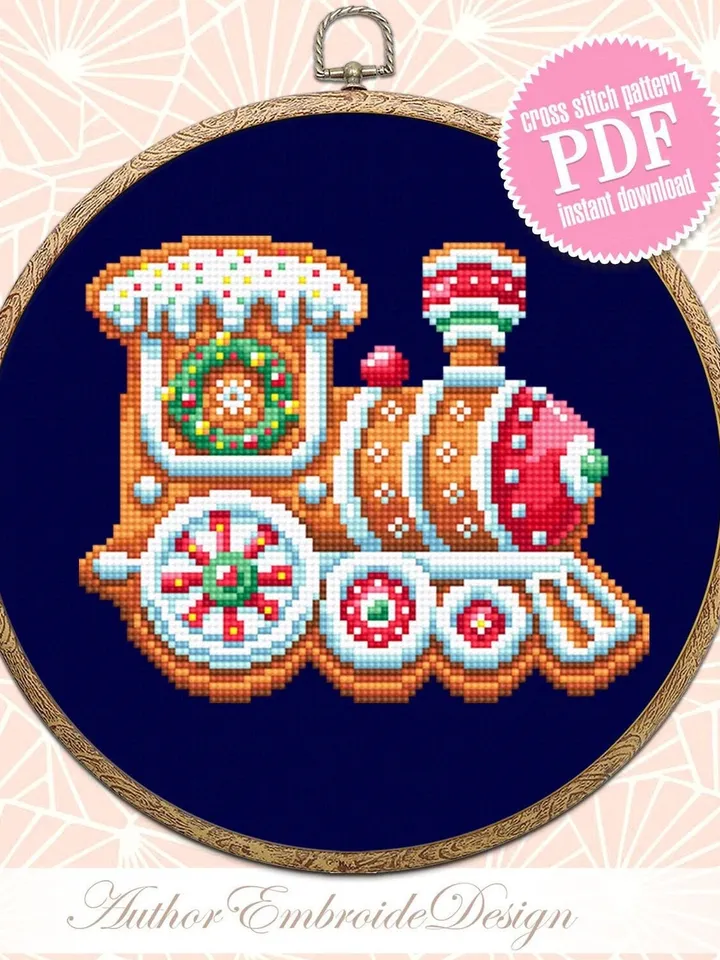 Christmas train cross stitch pattern download PDF Gingerbread cross stitch chart, Christmas pattern digital PDF, Gingerbread decor #N140