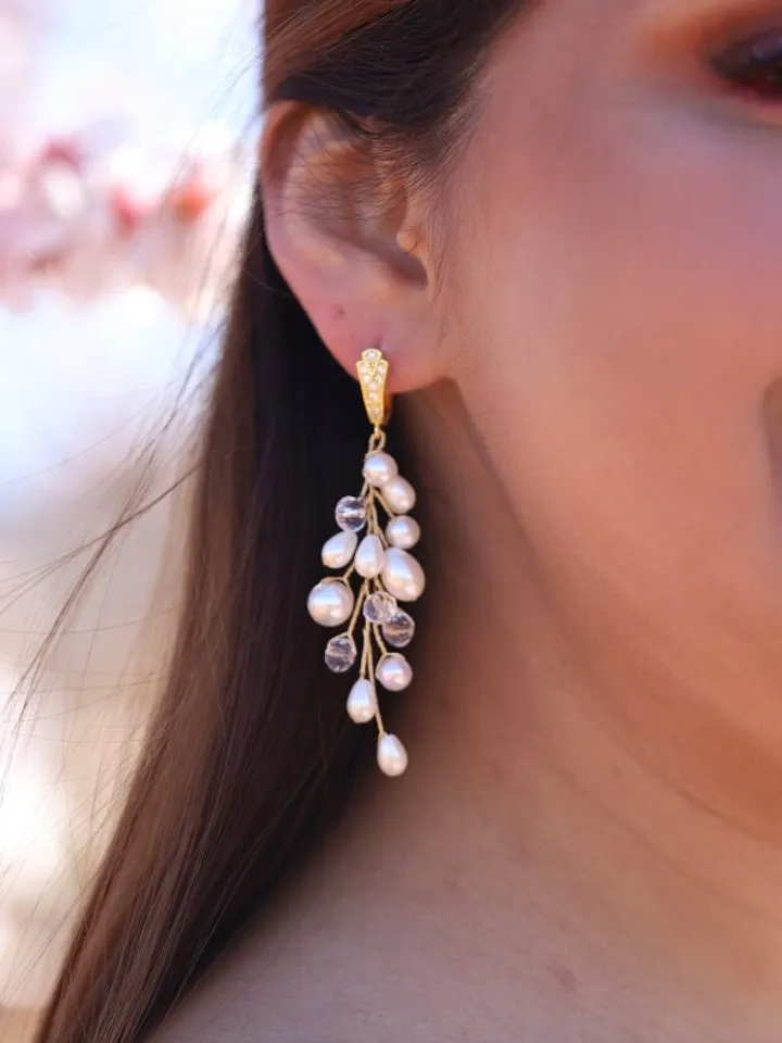 Boho Wedding Earrings, Pearl Statement Wedding Earrings, Swarovski Crystal Bridal Earrings, Statement Wedding Jewelry Set, Gold Jewellery
