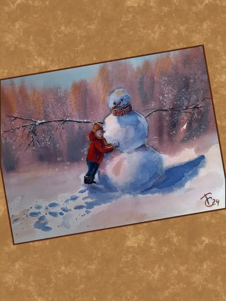 Watercolor painting. My friend the snowman. The Winter Fun series 21x30cm (8.3х11,7inches)