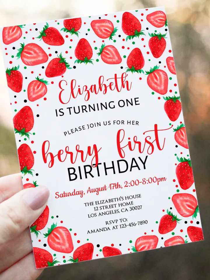 Berry First Birthday Invitation, Strawberry Birthday Invitation, 1st Birthday Invitation Girl, Summer Invitaton Editable Template