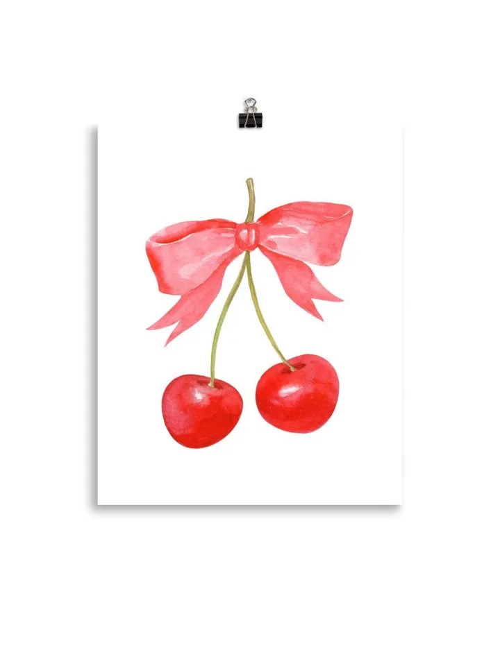 Cherry Bow Print Watercolor Painting, Vintage Cherry Art, Pink And Red Art, French Cherry Art, Girly Room Wall Art, Trendy Pink Art Print