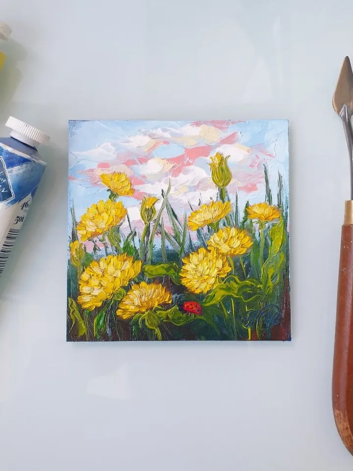 Dandelions Painting Ladybug Original Art Wildflower Wall Art Small Oil Painting