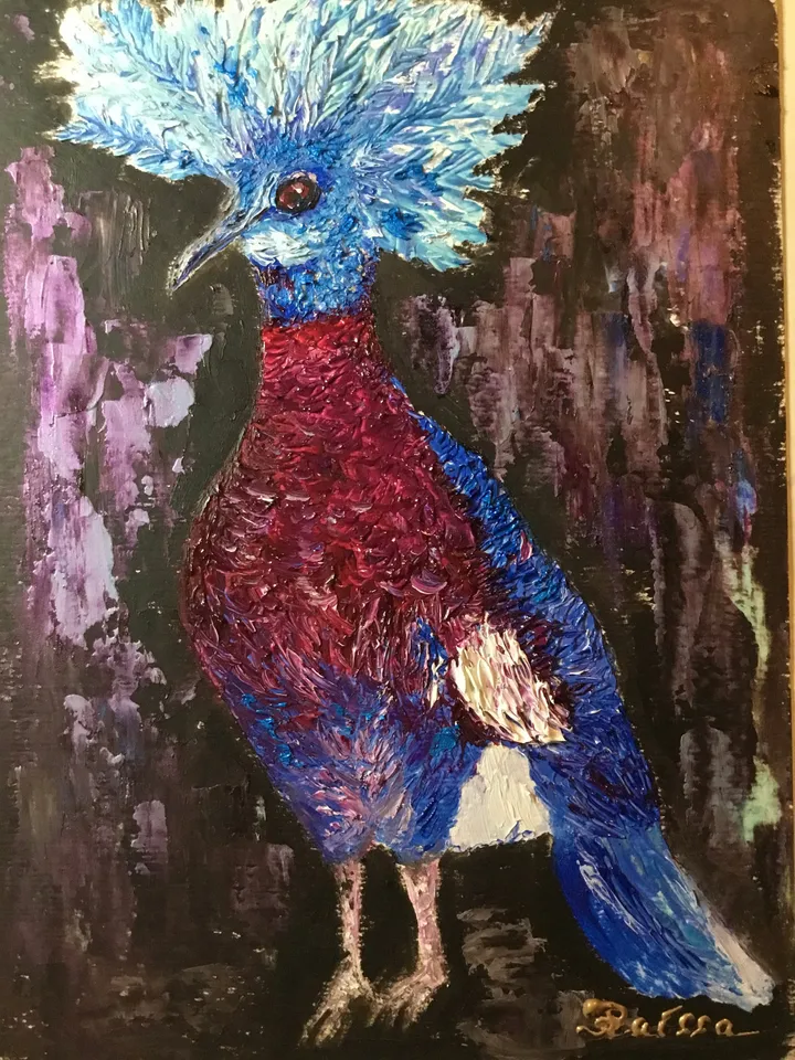 Pigeon oil painting ,Original impasto oil painting,Funny bright pigeon bird with a crown