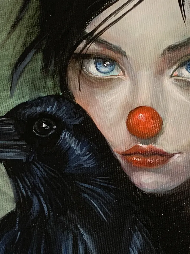 Mysterious Clown Girl with Raven – Oil Painting on Canvas 14×16 in by MyFoxyArt