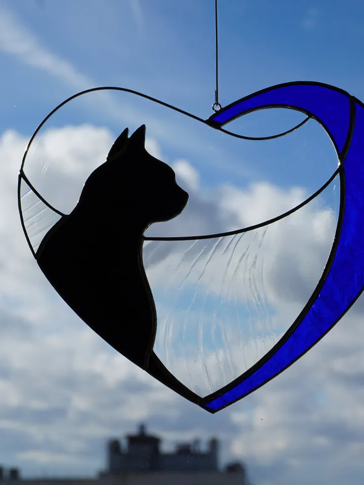 Black Cat in Blue Heart . Art stained glass window hanging Suncatcher . Gift for animal lover , pet loss memorial