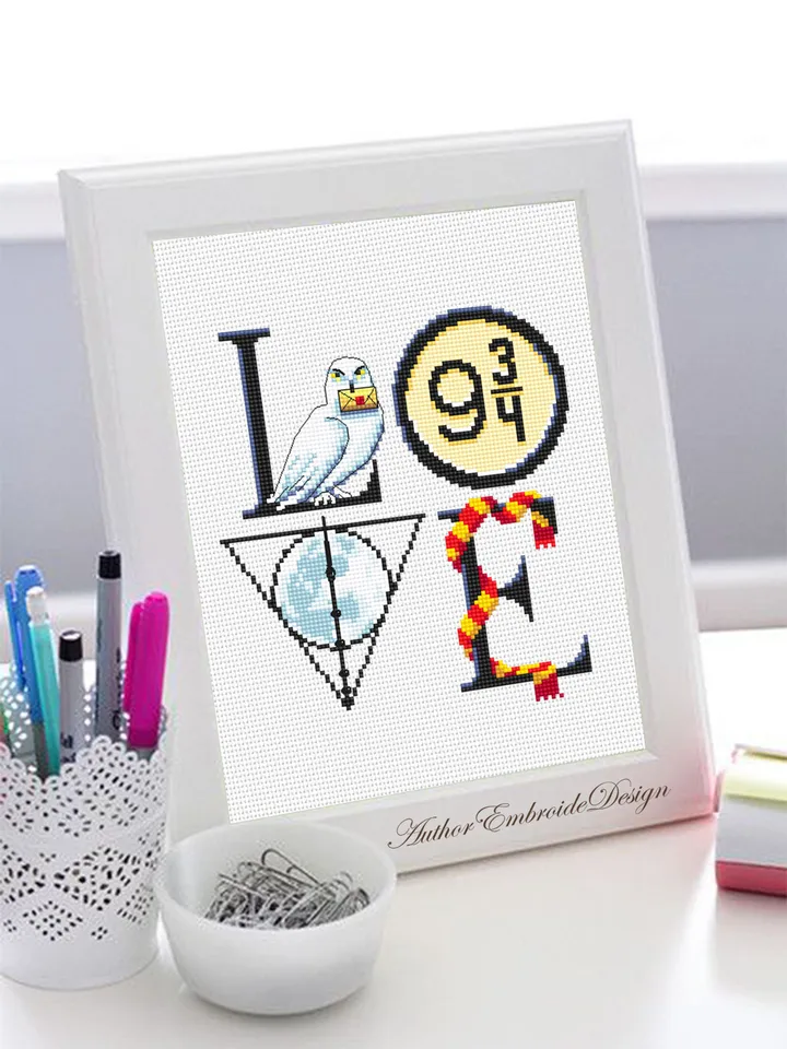 Wizard Love cross stitch pattern PDF download Wizard school cross stitch chart, Magic pattern digital PDF, Magic wand, Letter owl #O14