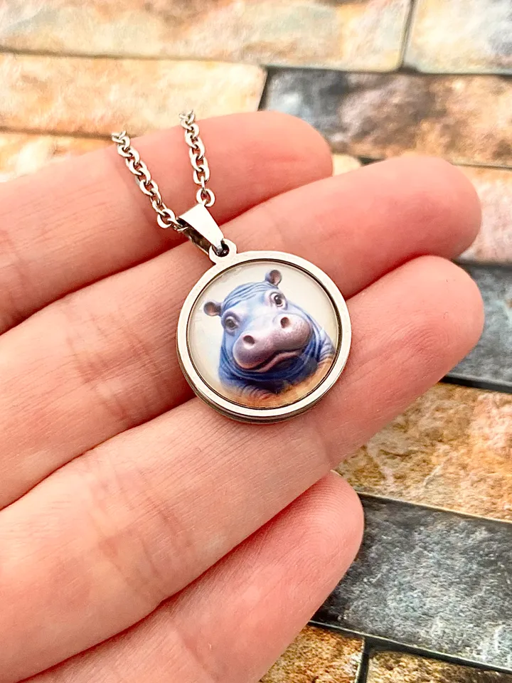 Hippopotamus head necklace, steel pendant with glass, Behemoth lover gift