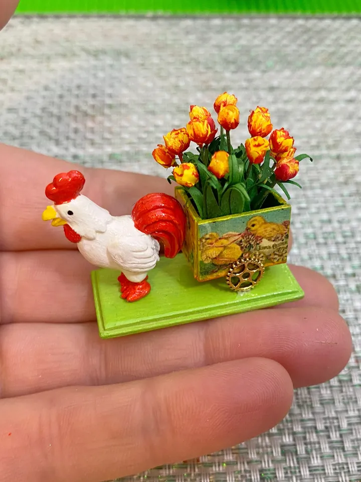 Easter miniature. Cockerel with a cart of tulips. 1:12.