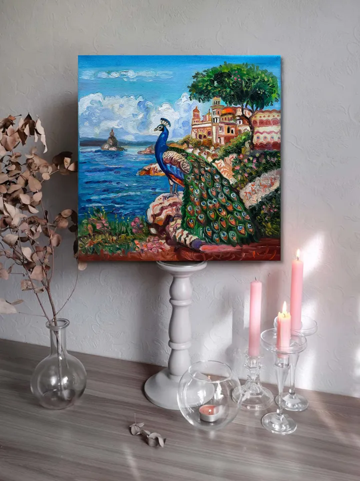 Peacock Blue Art Original Oil Painting Oil on canvas