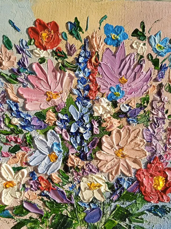 Oil Painting Bright Flowers Chamomile Poppies Impasto Art Miniature 6 x 6 inches