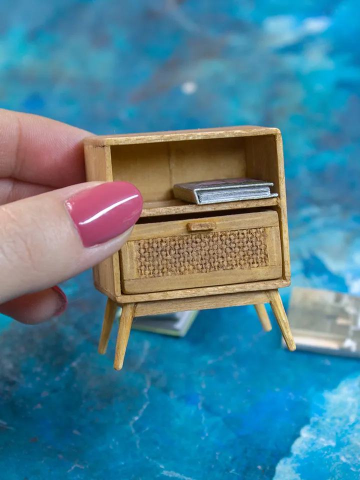 TEMPLATE Miniature nightstand with rattan imitation in 1:12 scale.