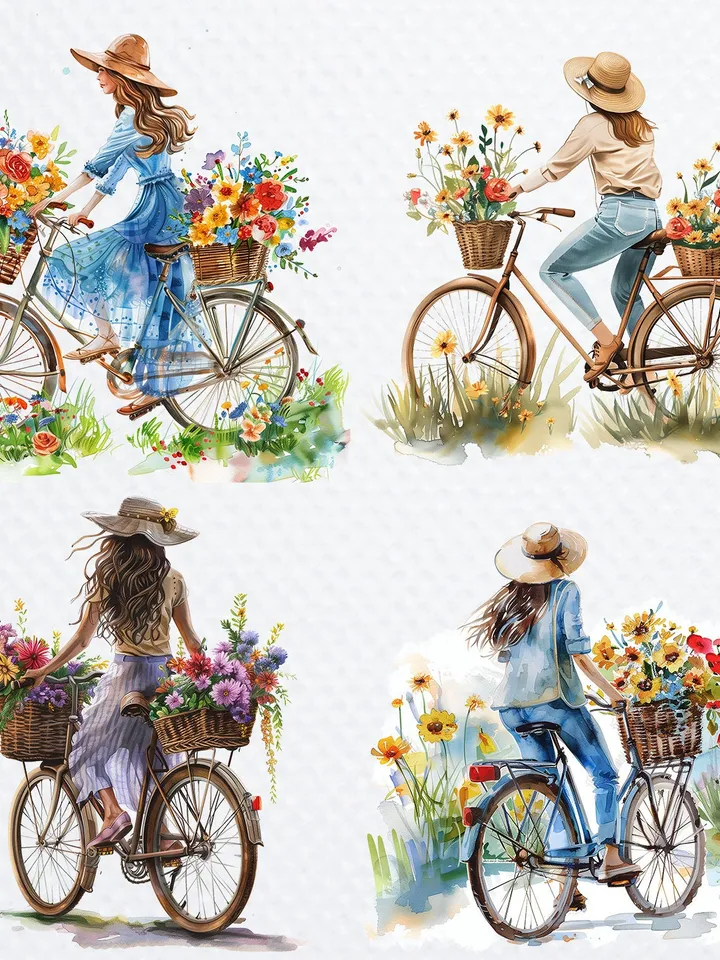 12 PNG Woman on Bicycle Clipart Bundle, Printable Watercolor Floral Bicycle images for sublimation, Digital Paper craft, junk journals