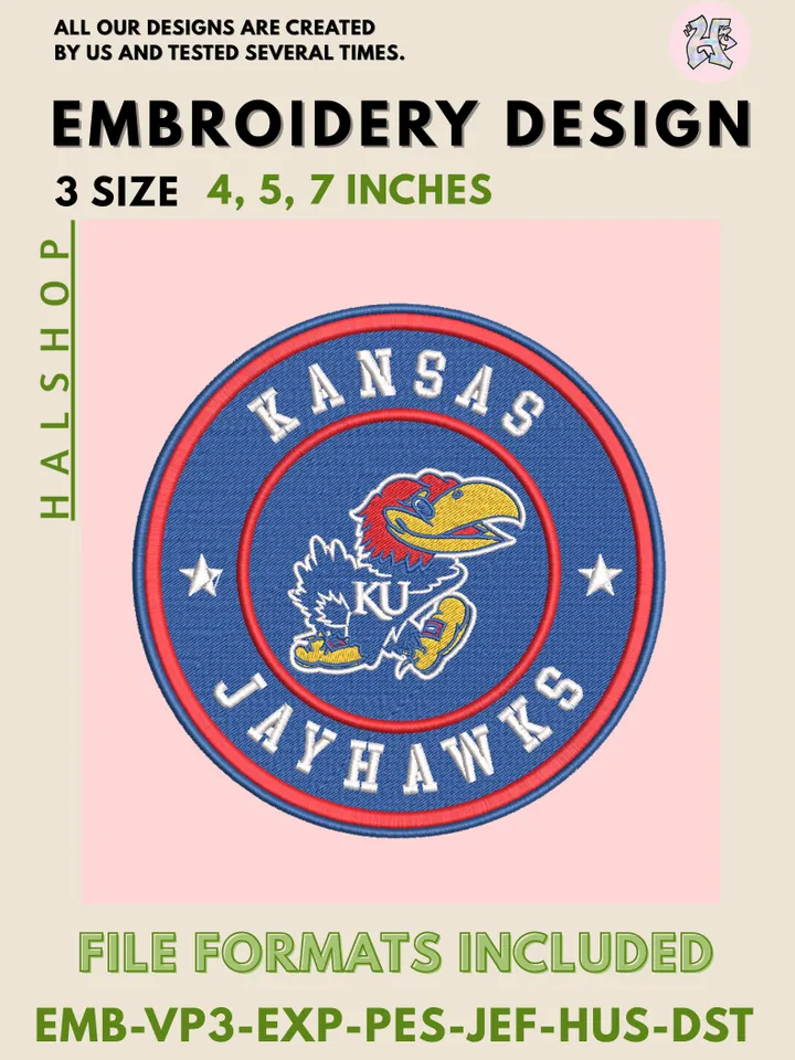 NCAA Kansas Jayhawks Embroidery Design | University of Kansas Logo | Machine Embroidery File | Digital Download