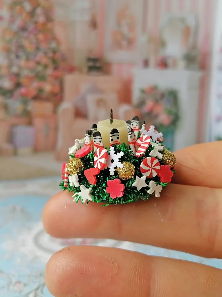 Bright Christmas candlestick to create a festive mood in a dollhouse. 1:12. Handmade.