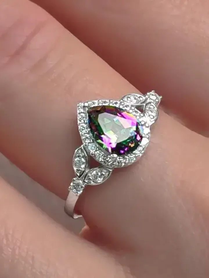 Ring silver 925 assay value rhodium plated with quartz mystic and cubic zirconia