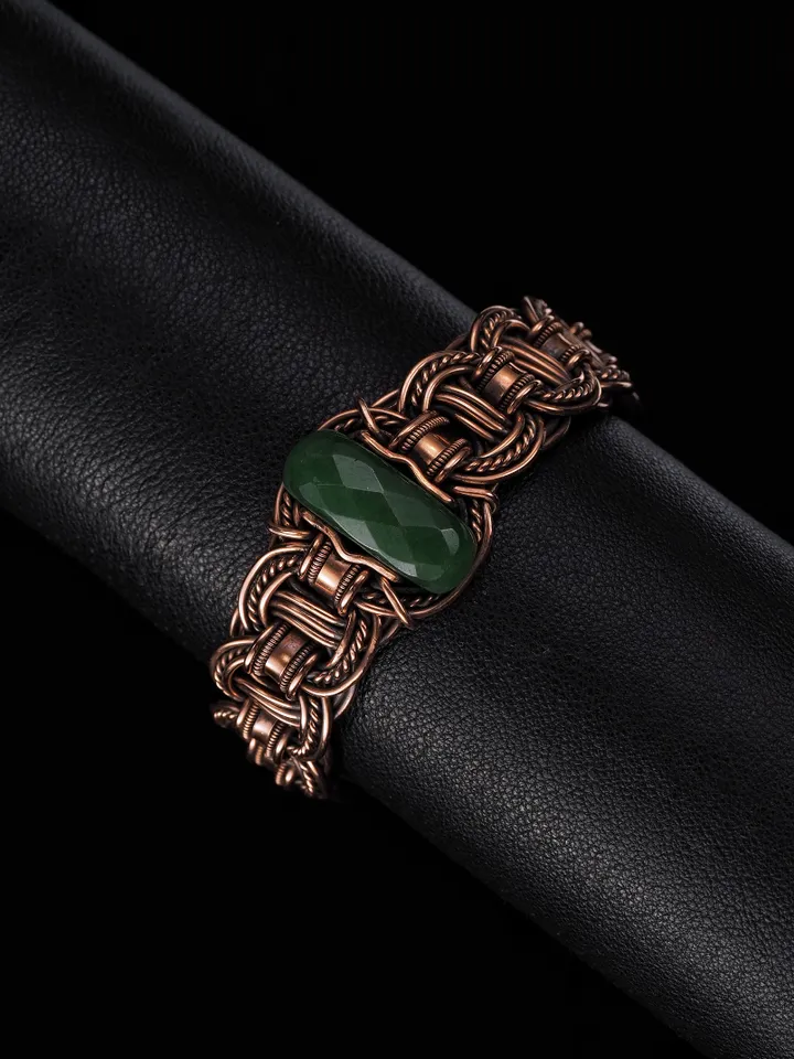 Copper wire wrapped jade bracelet 7th Anniversary gift