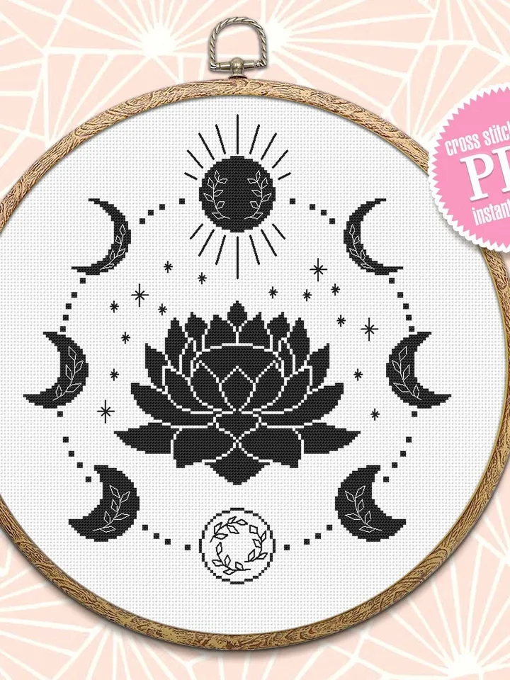 Mystical moon phase cross stitch pattern download PDF Lotus flower cross stitch chart, Floral moon cross stitch, Moon phase decor #L56