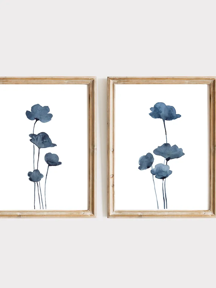 Blue Watercolor Flowers Wall Art Abstract Prints Navy Blue Wall Art Indigo Botanical Navy Blue And White Gallery Wall Set Of 2 Art Prints