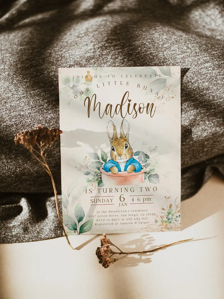 Peter Rabbit First Birthday Invite; Bunny Baby Birthday Invitation template; Our little bunny turning one; neutral bunny birthday invitation