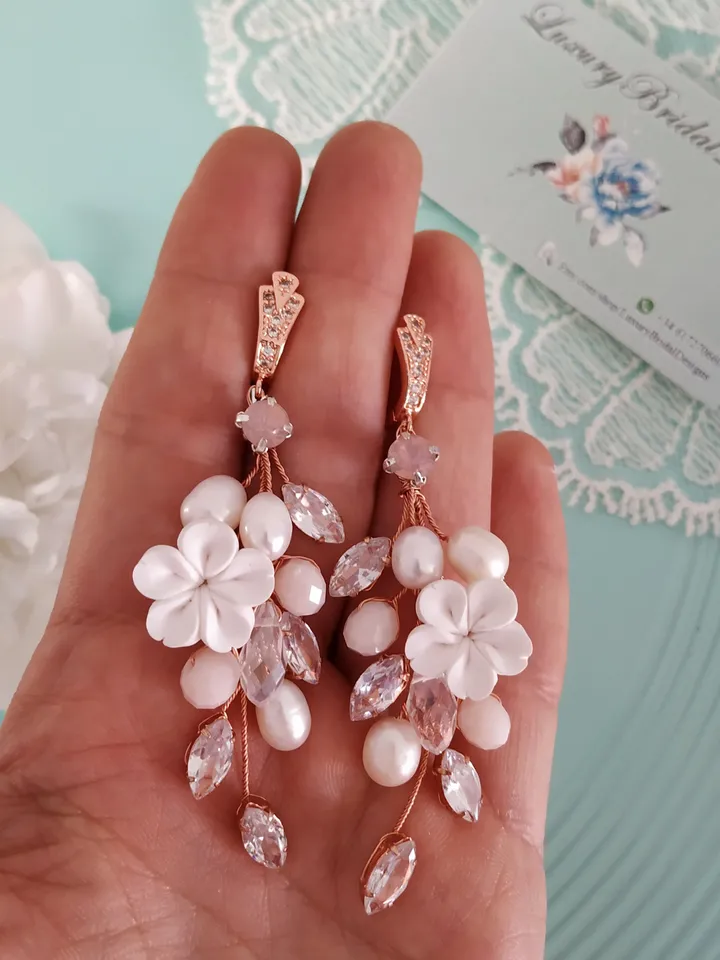Diamond Rose Gold Wedding Earrings, Chandelier Statement Earrings, Floral Wedding Jewelry, Boho Wedding Earrings, Boho Bridal Earrings