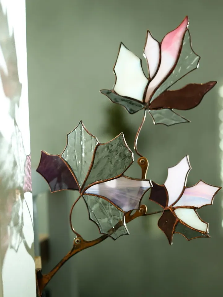 Maple Twig. Tiffany-Style Stained Glass, Tiffany Stained Glass Maple Branch, Decorative Maple Leaf Branch in Tiffany Style, Tiffany-Style Stained Glass Maple Leaf Composition, Handmade Maple Branch in Tiffany Technique