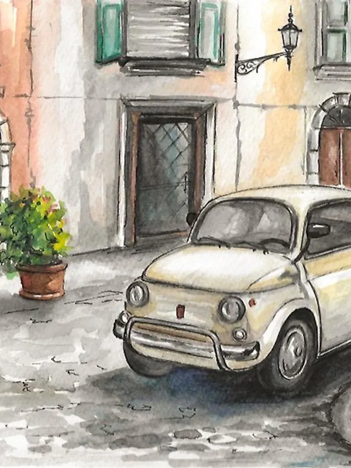 Watercolor painting Car painting Landscape Italy Cityscape Original painting
