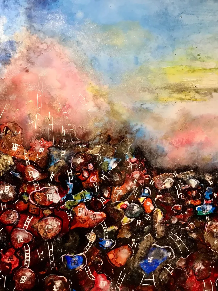 Red town fantasy unique artwork,original alcohol inks mix media painting on heavy yupo paper,fantasy wall art,home decoration.