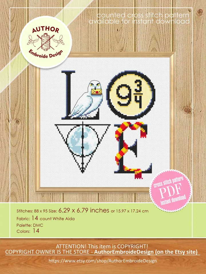 Wizard Love cross stitch pattern PDF download Wizard school cross stitch chart, Magic pattern digital PDF, Magic wand, Letter owl #O14