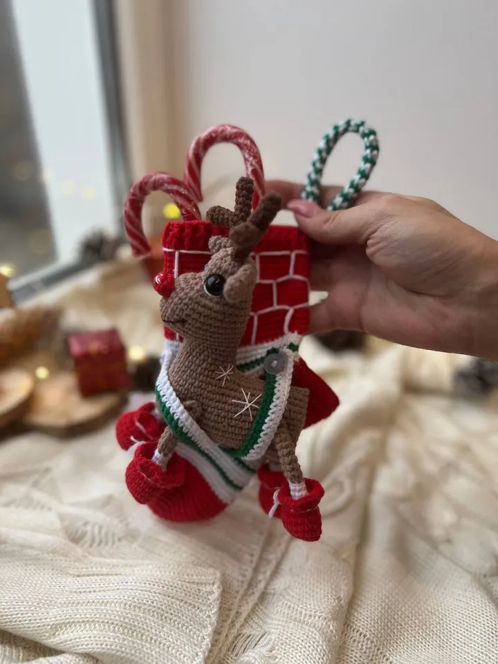 PDF Christmas Stocking, Christmas amigurumi pattern, Christmas ornament sock, Christmas decoration, Christmas crochet deer, Christmas animal