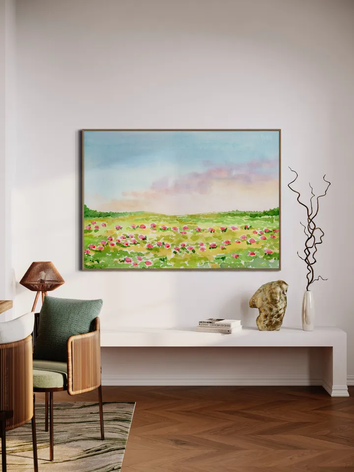 Wildflower Field Landscape, Impressionist Watercolor Painting, Summer Flowers Field, Vintage Decor Print, Meadow Painting, Colorful Flowers