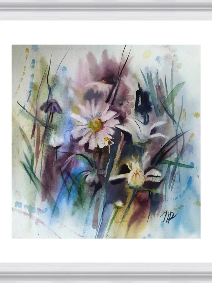Daisy Painting Floral original art 12 by 12 White Flower watercolor square wall art aquarelle by Natalia Plotnikova