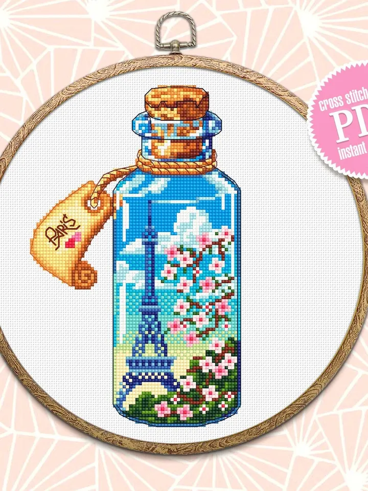 Bottle cross stitch pattern PDF download Eiffel Tower beginner stitch Sakura flowers cross stitch Spring France embroidery Paris decor #E10