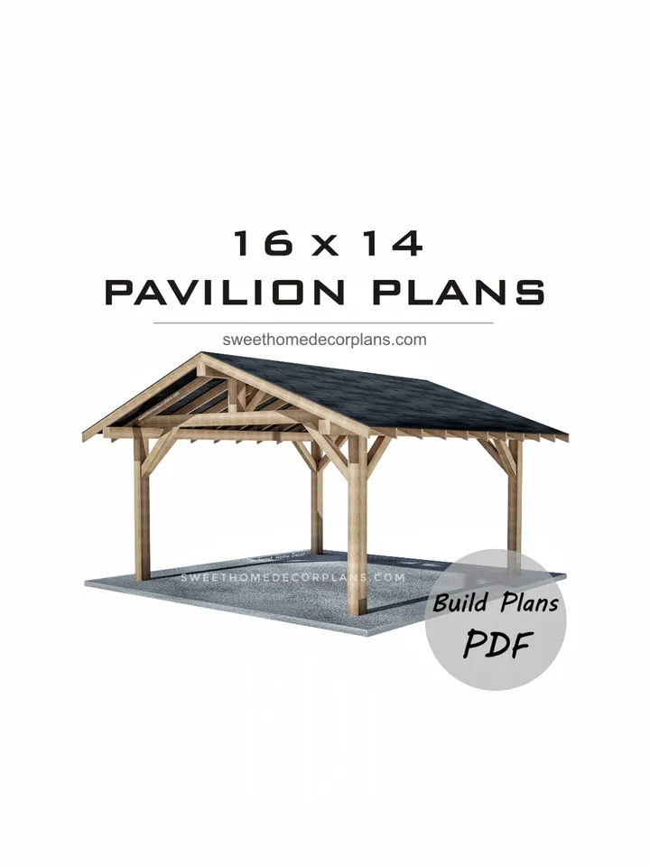 Diy 16 x 14 gable pavilion plans in pdf. Carport plans. Wooden outdoor covered gazebo plans. Diy garage plans. Backyard timber frame plans for outdoor.