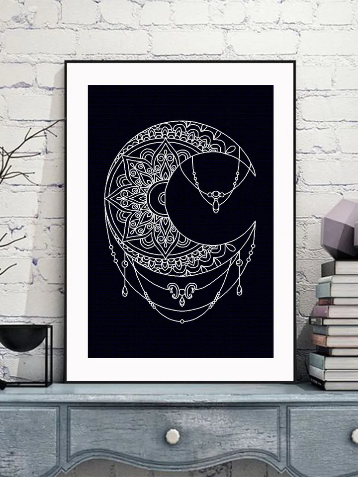 Crescent moon blackwork pattern PDF download Mandala moon embroidery PDF, Backstitch chart Moon ornament, Mandala blackwork embroidery #W32
