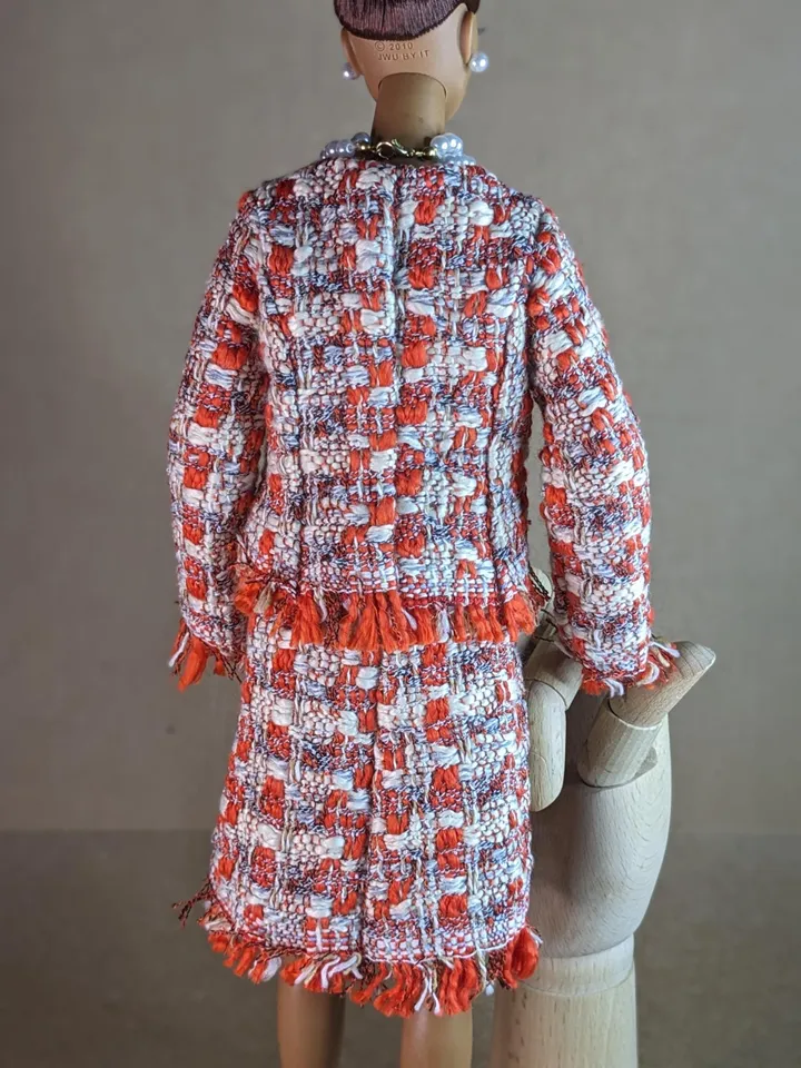 Handmade red & white bouclé suit with pearl clasps for 16-inch Fashion Royalty dolls (FR16)