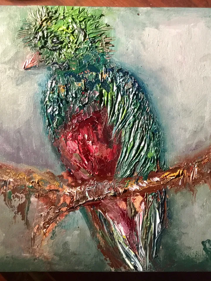 Quetzal bird,original oil impasto style painting on wooden box ,birds painting,exotic birds painting,wall decoration,unique gifts.