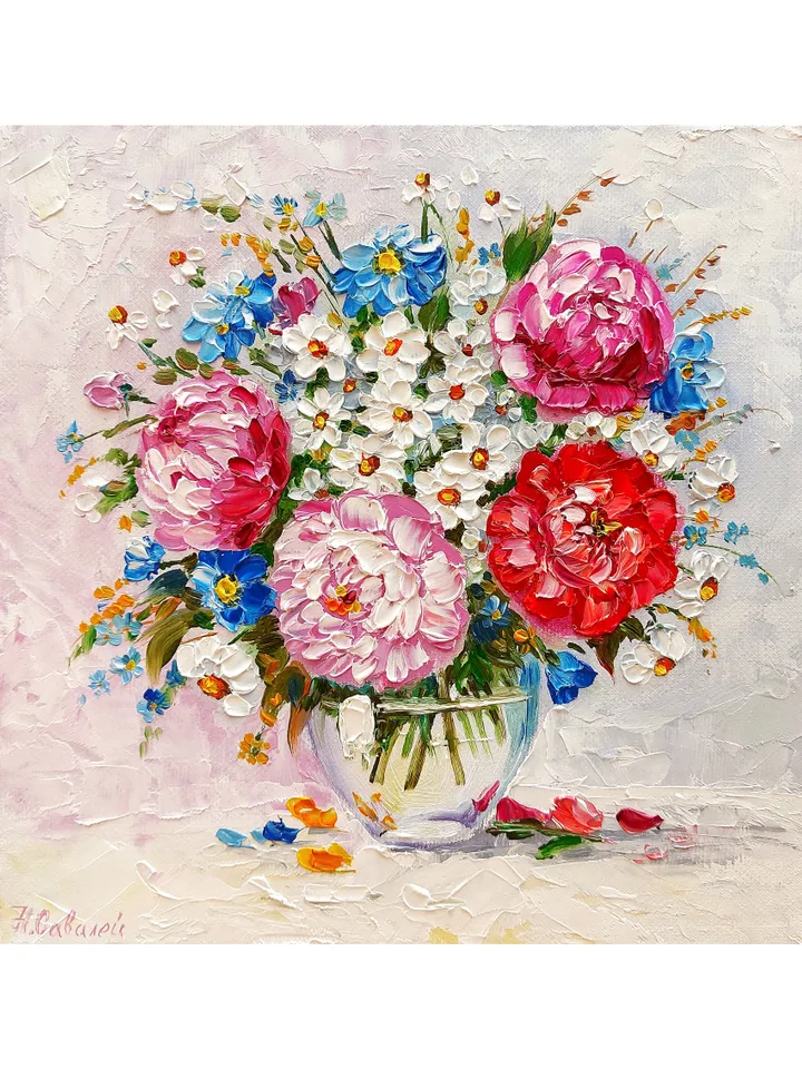 Original oil painting Peonies and Daisies Bright bouquet of flowers 8 by 8 inches (20x20cm) by OilPaintingNatali