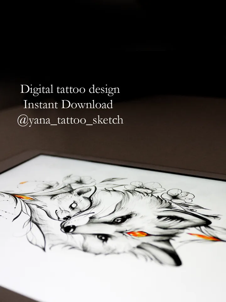 Fox Tattoo Design Family Fox Tattoo Idea Stencil Fox Cub Tattoo Sketch, Instant download PDF, JPG
