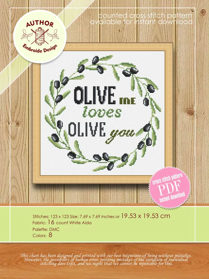 Olive wreath cross stitch pattern digital PDF Floral cross stitch quote OLIVE me loves olive you Easy beginner stitch Olive tree chart #Q22
