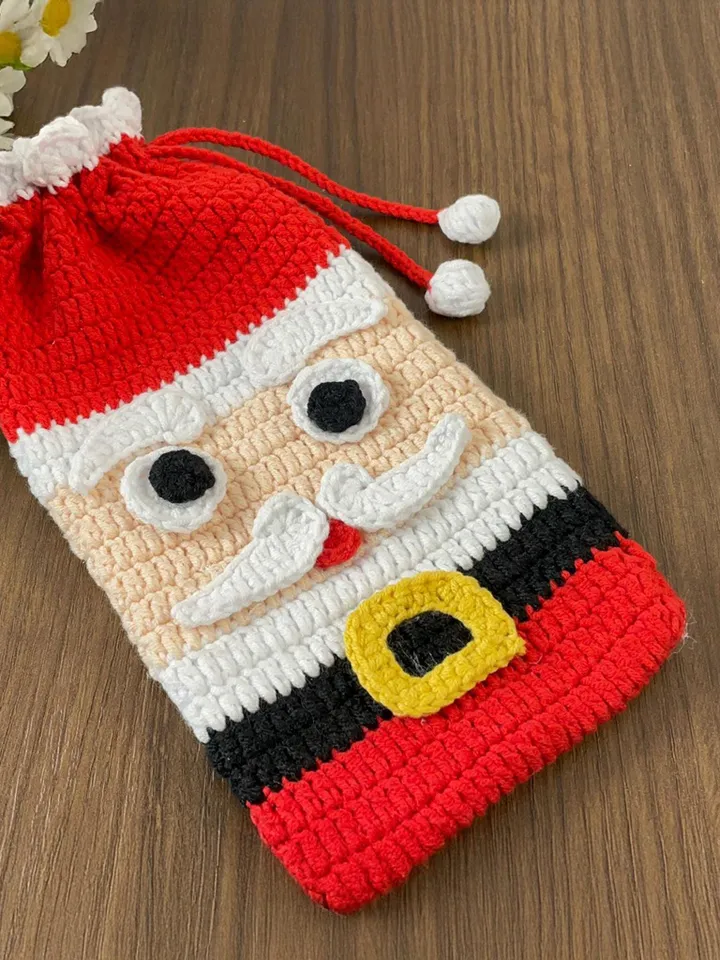 Crochet Santa Bag, Multi-Purpose Crochet Pouch, Perfect DIY Holiday Bottle Cover Gift, Fun Festive Accessory