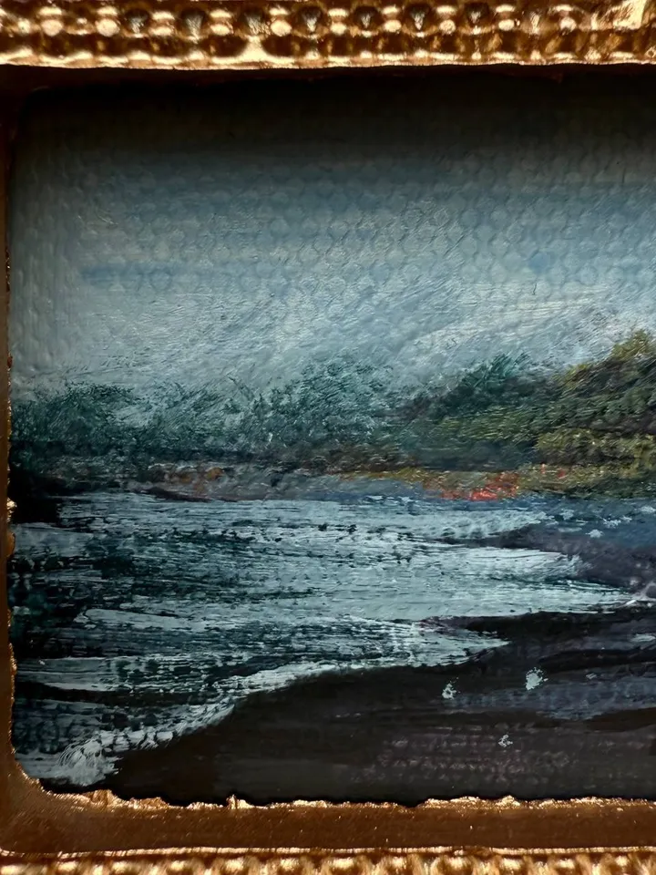 Small Landscape Painting Framed Original Dark Coast Ocean Art Antique Frame Tiny Paintings 3 x 4 Art Victorian artwork