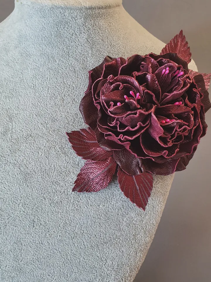 Bordo color rose leather brooch for her , 3rd anniversary gift for wife, Leather women's jewelry