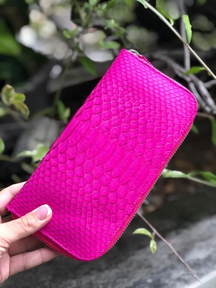 Wallet genuine python skin fuchsia bright color, women wallet, leather lady wallet, classic zip wallet, design wallet handmade, money wallet