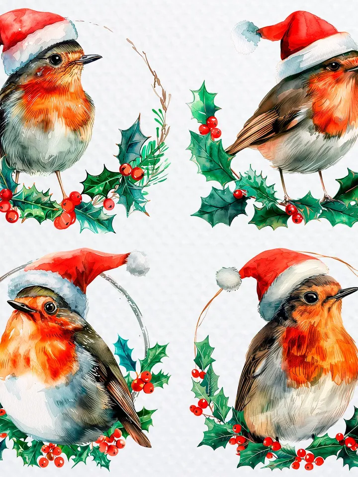 21 Christmas Robin In Hat PNG Bundle, Winter Printable Watercolor clipart for sublimation, Digital download, Paper craft, junk journals