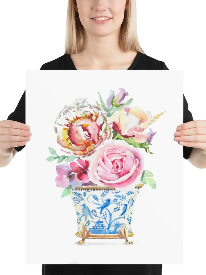 Watercolor Flowers Chinoiserie Home Decor Wall Art Flower Wall Art Flower Illustration Watercolor Pions Bleu White Decor Asian Vases Print