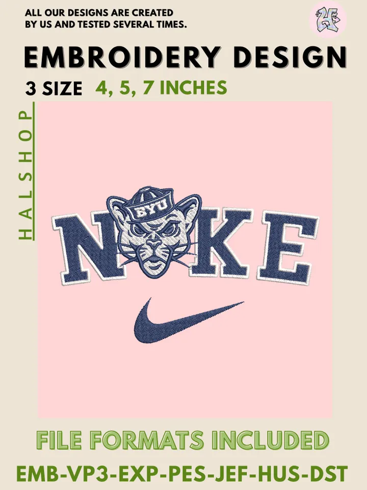 NCAA BYU Cougars Nike Logo Embroidery Design | Machine Embroidery File | 3 Sizes, 6 Formats | NCAA College Team Design