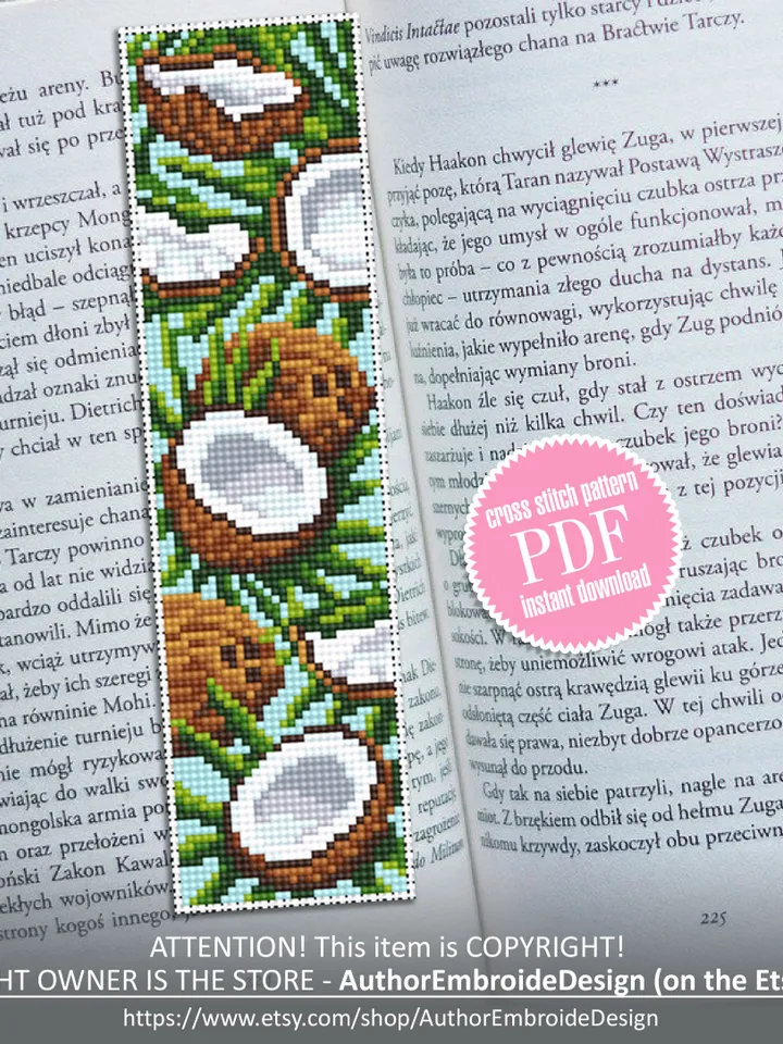 Summer bookmark cross stitch pattern PDF download Tropical fruit Coconut cross stitch chart, Digital bookmark pattern, Unique bookmark #B154