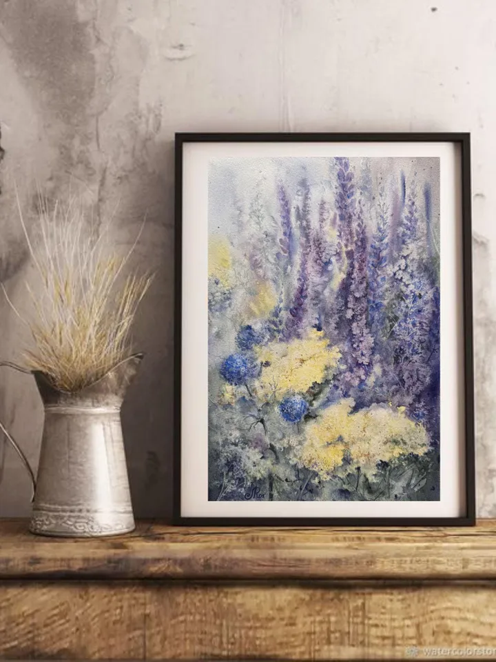 Wildflowers Original Painting Floral Watercolor Meadow Painting Field Wall Art
