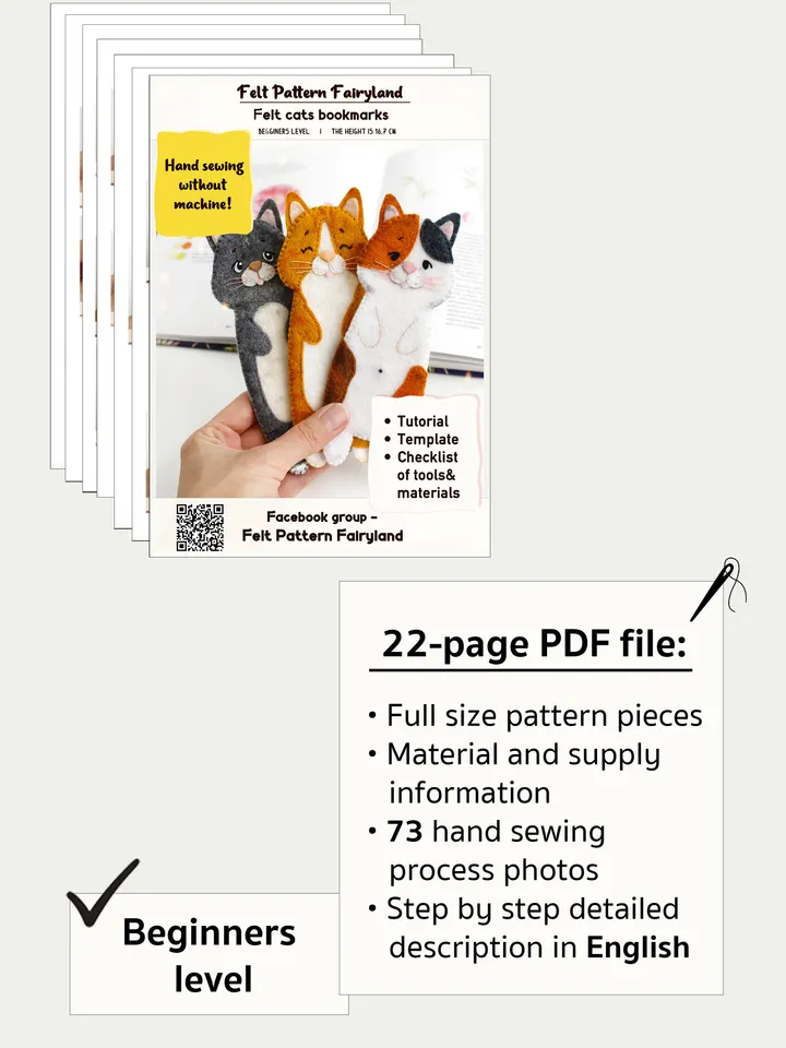 Felt long cats bookmarks hand sewing PDF tutorial with patterns. DIY cat bookmarks. Book and pets lover gift. Felt school supplies